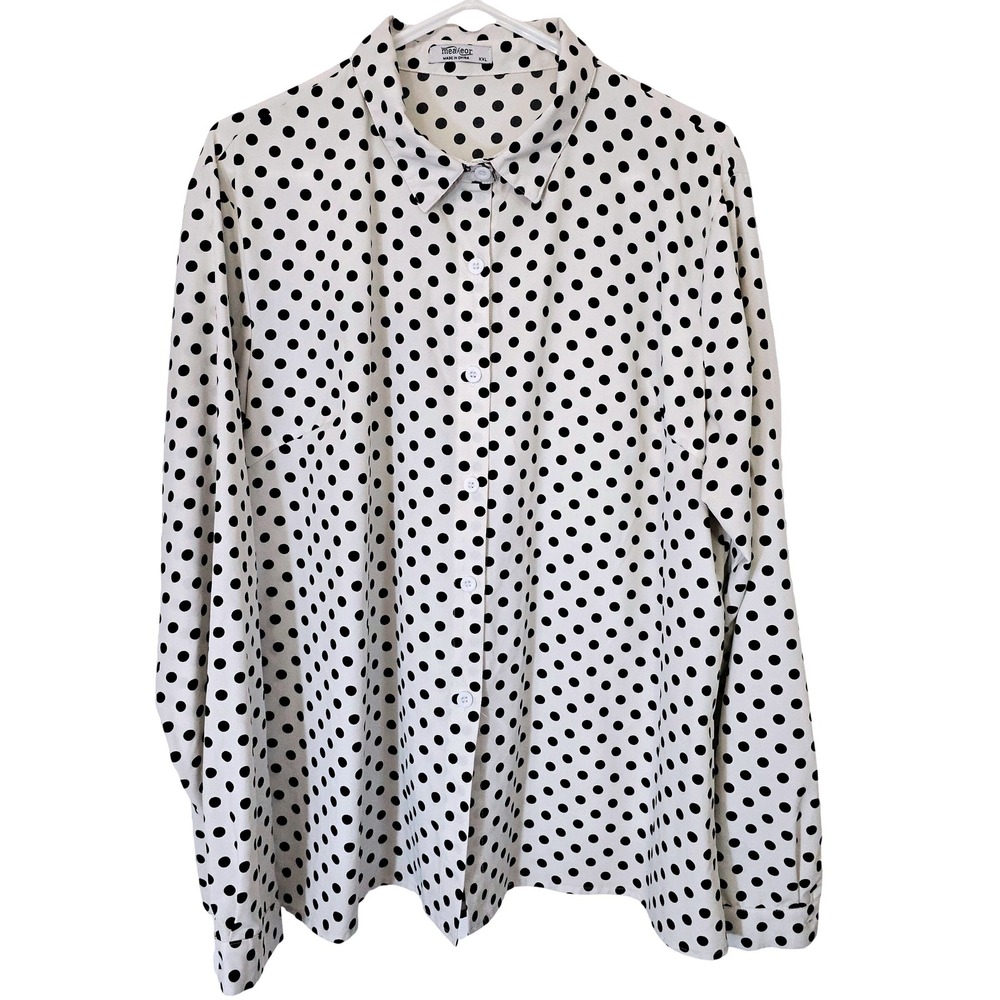 MeaVeor Womens Polka Dot‎ Long Sleeve Button Up Shirt XXL Black White Office